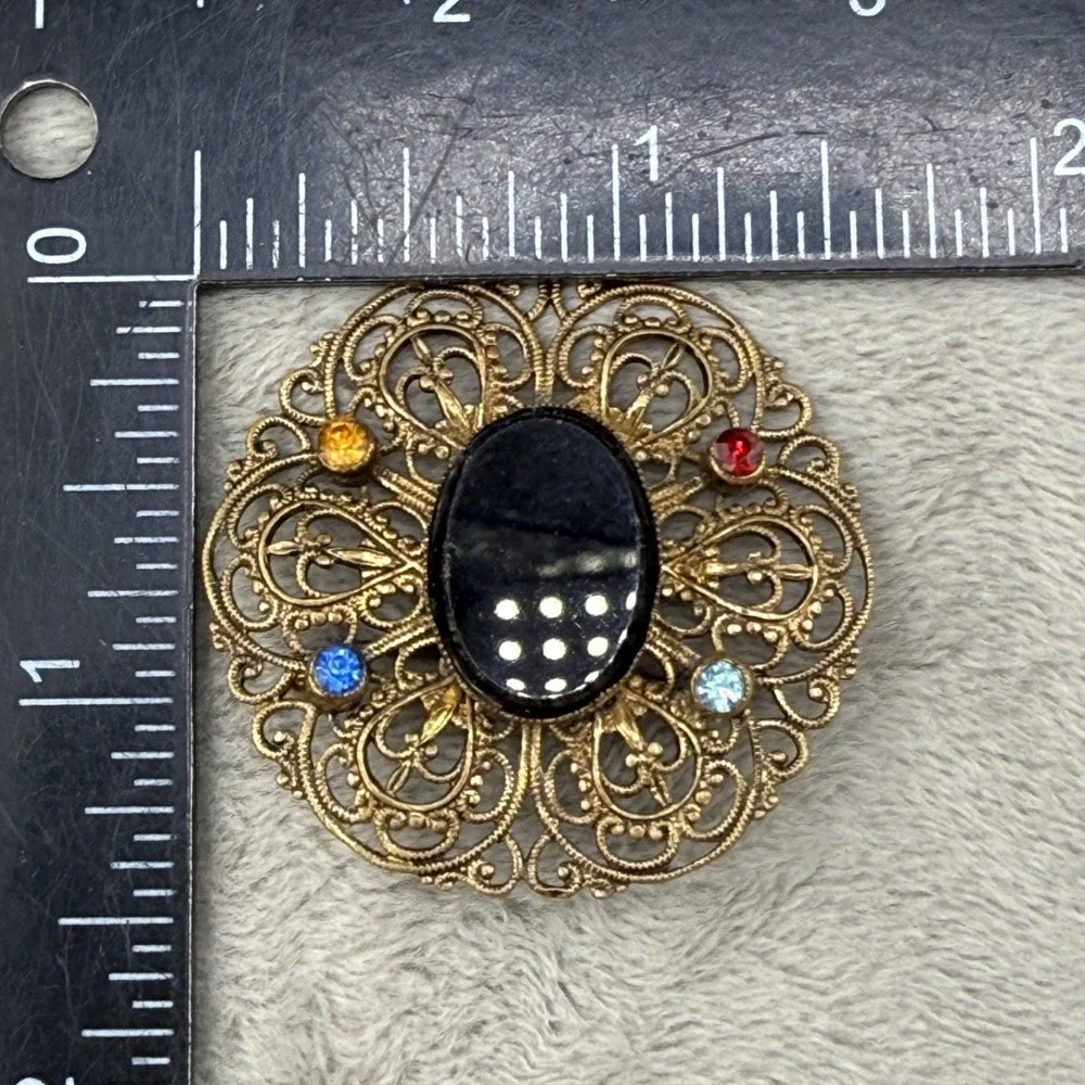 Vintage Brooch Gold Tone Onyx‎ Rhinestone Paste